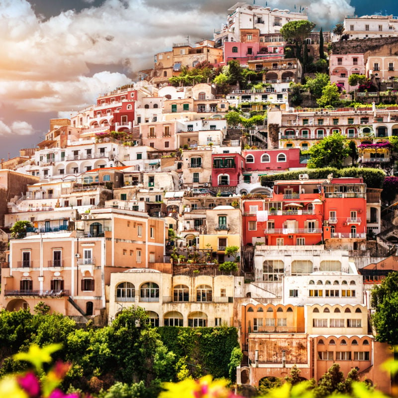 view of coloful houses on the hill along the amalfi coast in italy