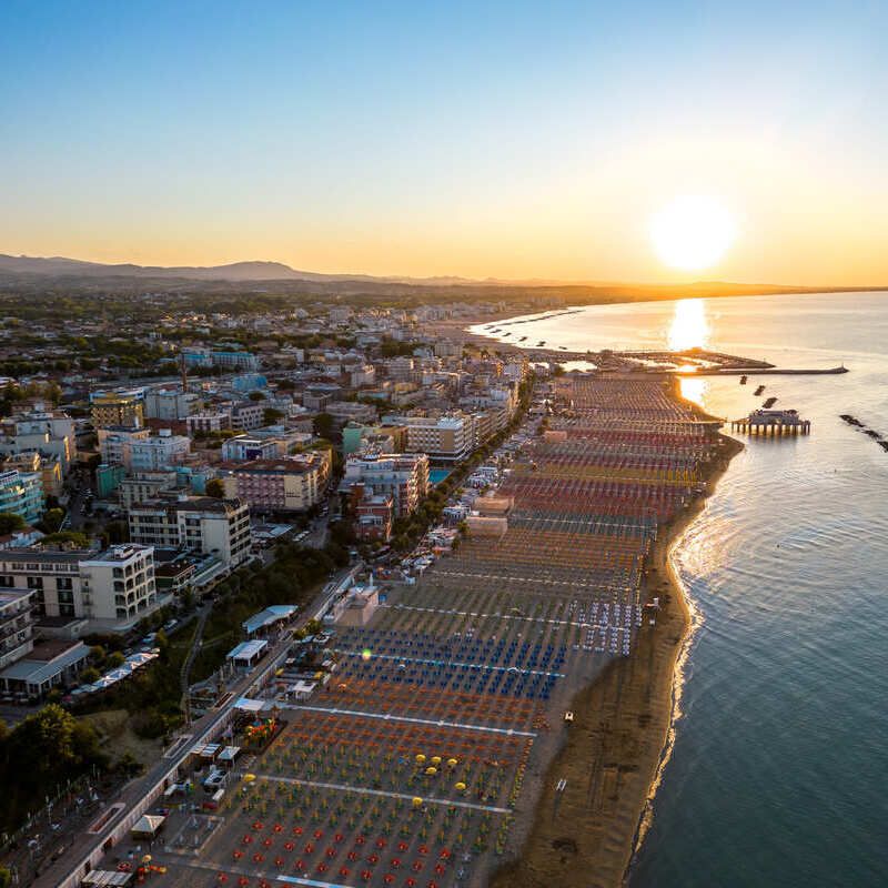 Aerial Panoramic View Of Rimini During Sunset, Italy, Southern Europe