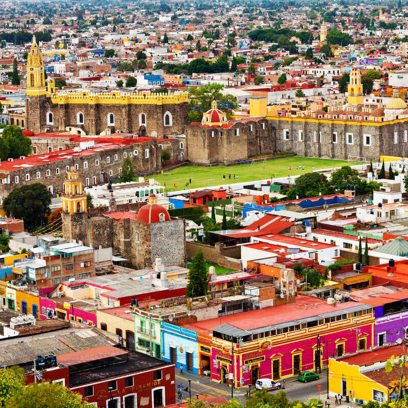 Aerial View Of The Colorful Colonial Cholula, A Small City Part Of The Puebla Metropolitan Area In The Puebla State In Central Mexico, Latin america