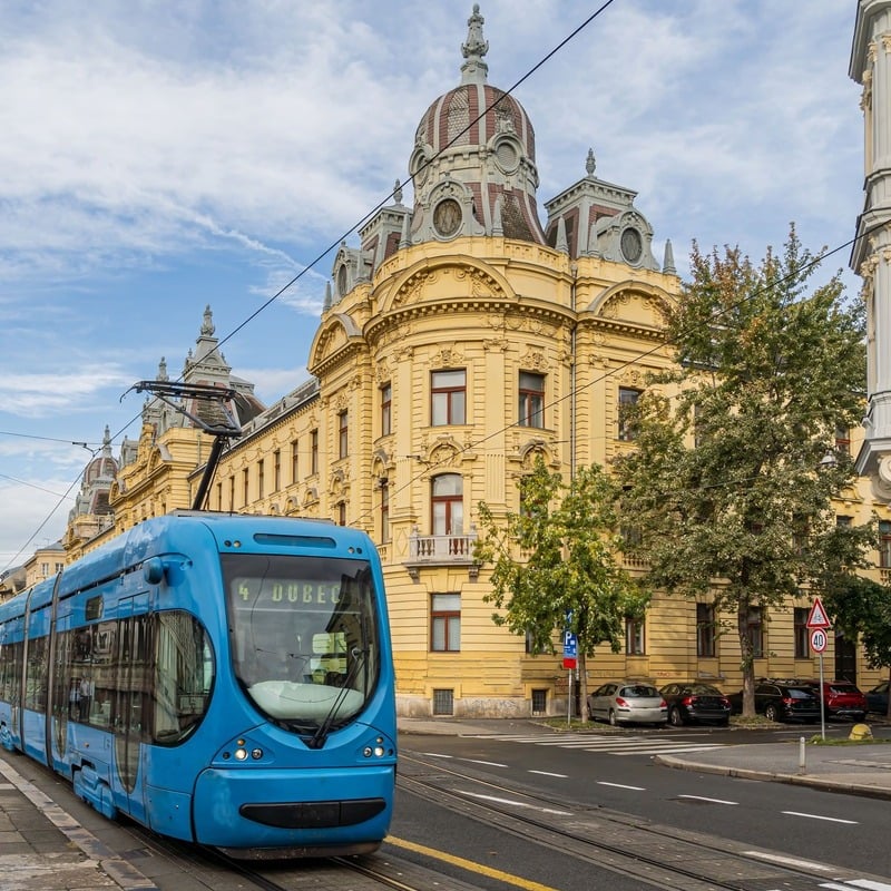 Blue Tram Pictured In Downtown Zagreb, Croatia, Central Eastern Europe