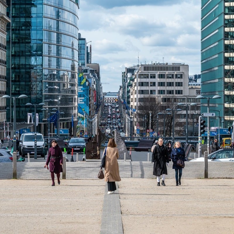 Busy Street In The European Quarter Of Brussels, Belgium, Central Europe