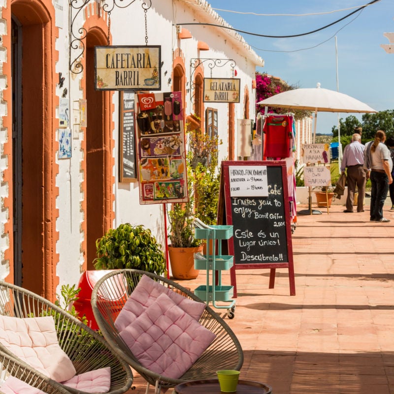 Charming cafe and stone streets of Tavira, Portugal