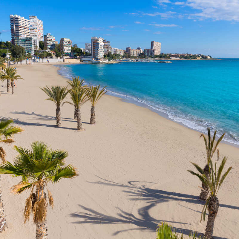 Panoramic View Of A Sandy San Juan Beach Bordered By The Mediterranean Sea, Alicante, Province Of Valencia, Southern Spain, Southern Europe