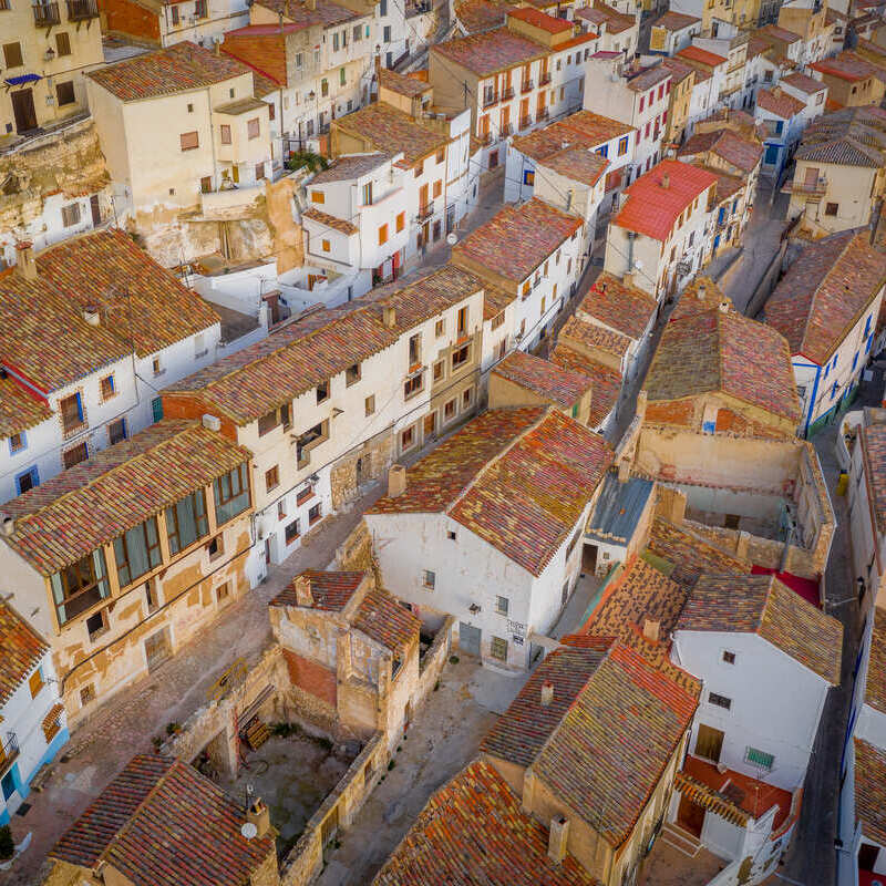 Aerial View Of A Cobbled Historic Town In Castilla La Mancha In Spain, Southern Europe