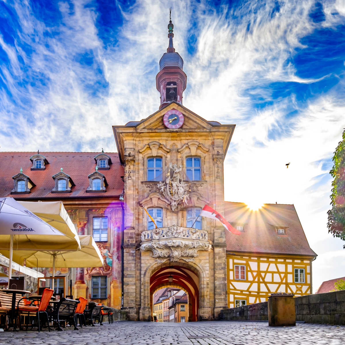 Clock tower on cobbled streets of Old Town Bamberg