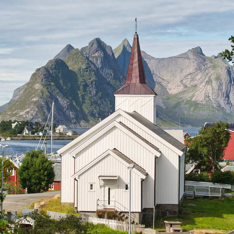 Historic White Church In Reine, Lofoten, Norway, Scandinavia, Northern Europe