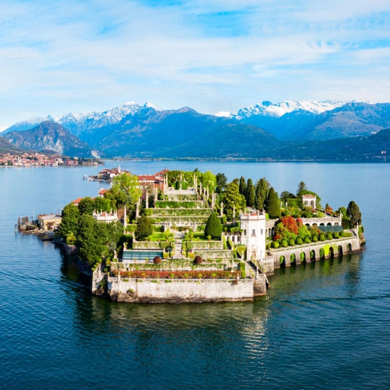 Isola Bella and Stresa town aerial panoramic view. Isola Bella is one of the Borromean Islands of Lago Maggiore in north Italy.
