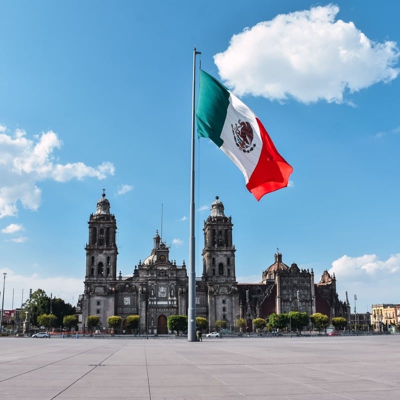 Mexico Flag Flying Before The Metropolitan Cathedral In Mexico City, Latin America