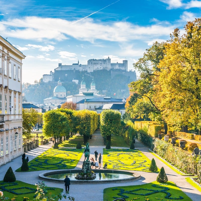 Beautiful view of famous Mirabell Gardens with the old historic Fortress Hohensalzburg in the background in Salzburg, Austria