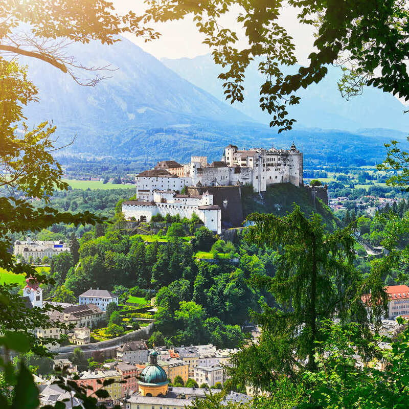 Old Town Salzburg Seen From The Alpine Mountains Around The City, Austria, Central Europe