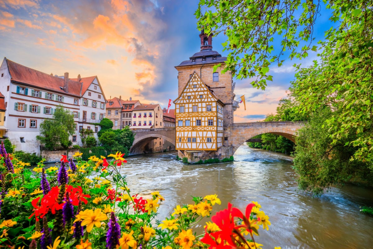 Bamberg's historic architecture and scenic canals on nice day