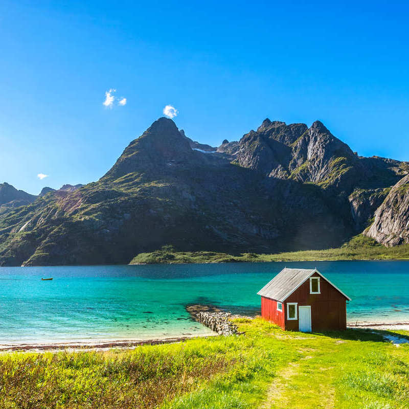 Solitary Red Shed In A Scenic Bay Of Lofoten, Norway, Scandinavia, Northern Europe