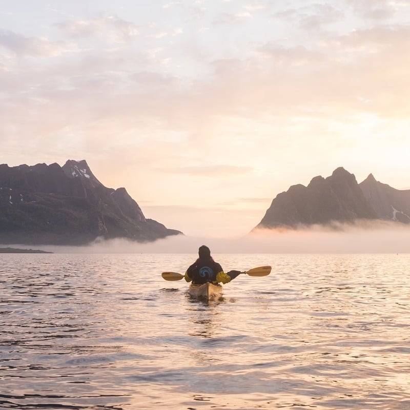 Tourist Practicing Seakayaking In Lofoten, Norway, Scandinavia, Northern Europe