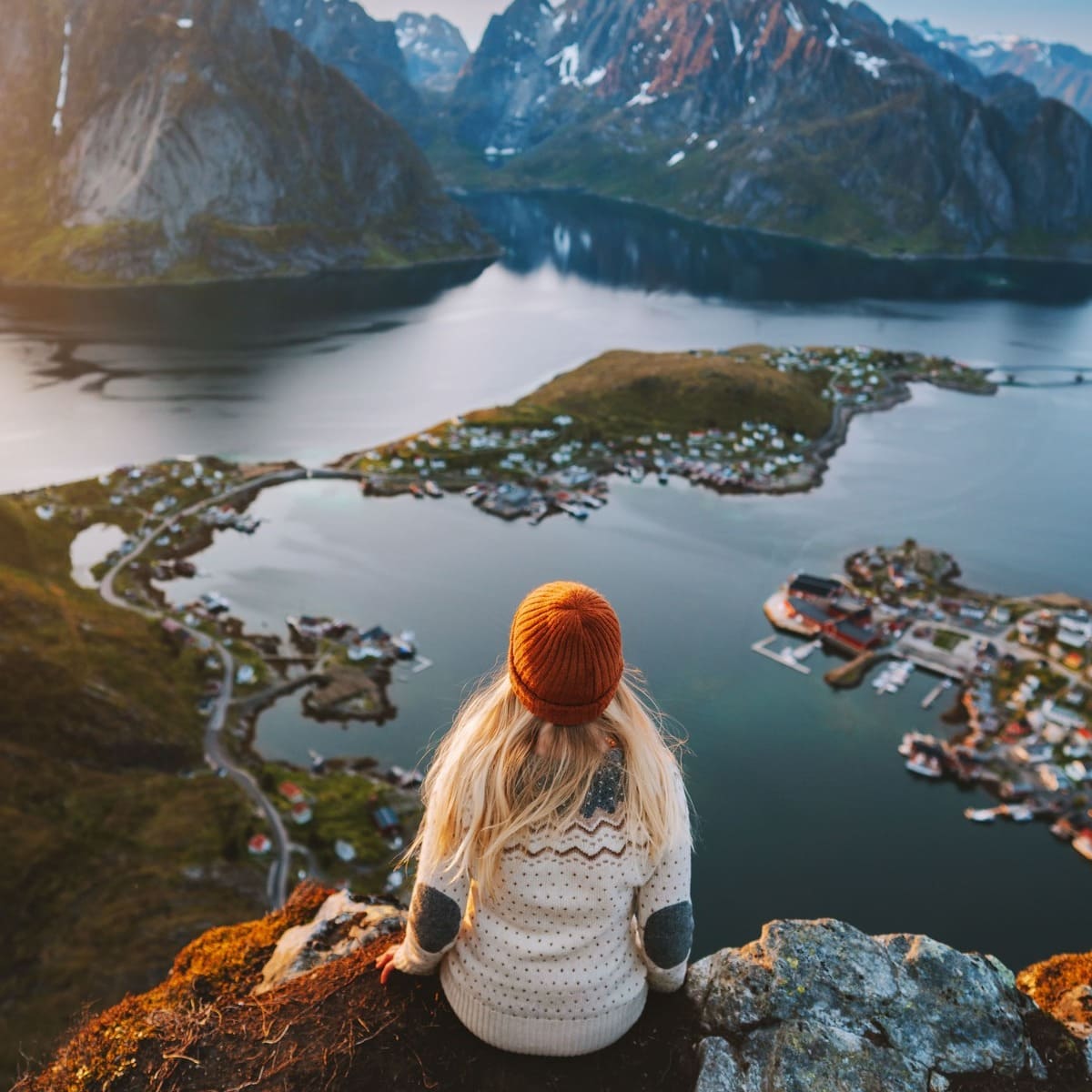 Young Woman Admiring A View Of Lofoten Islands, Norway, Scandinavia, Northern Europe