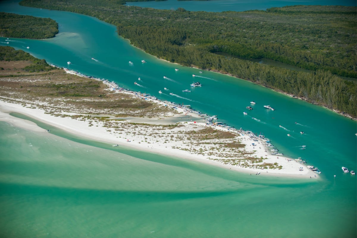 Aerial view of turquoise waters and white sand - Keewaydin Island