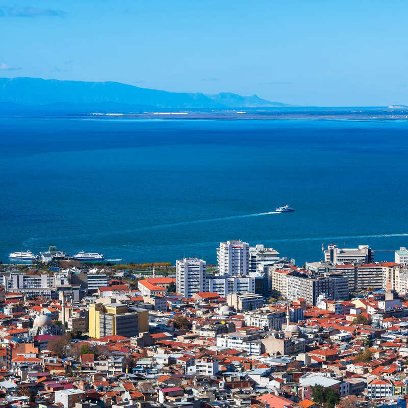 Aerial Panoramic View Of Izmir, A City In Turkiye On The Shores Of The Aegean, A Section Of The Mediterranean Sea, Western Asia