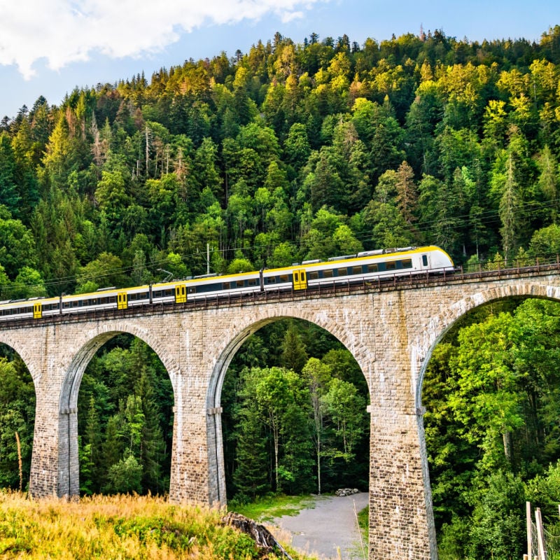 A train travels over a bridge in the Black Forest, Baden-Wurttemberg, Germany Train