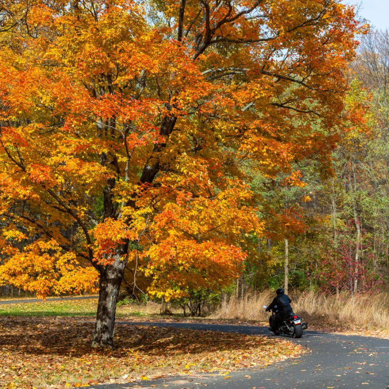 Motorcyclist taking scenic back roads through Bucks County, PA