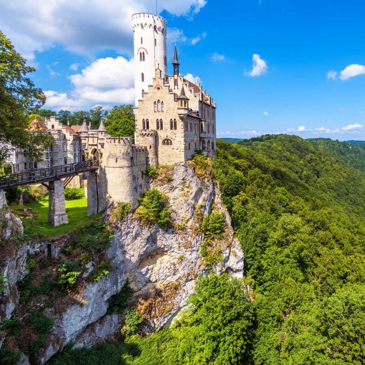 Lichtenstein Castle on mountain top in summer, Germany, Europe