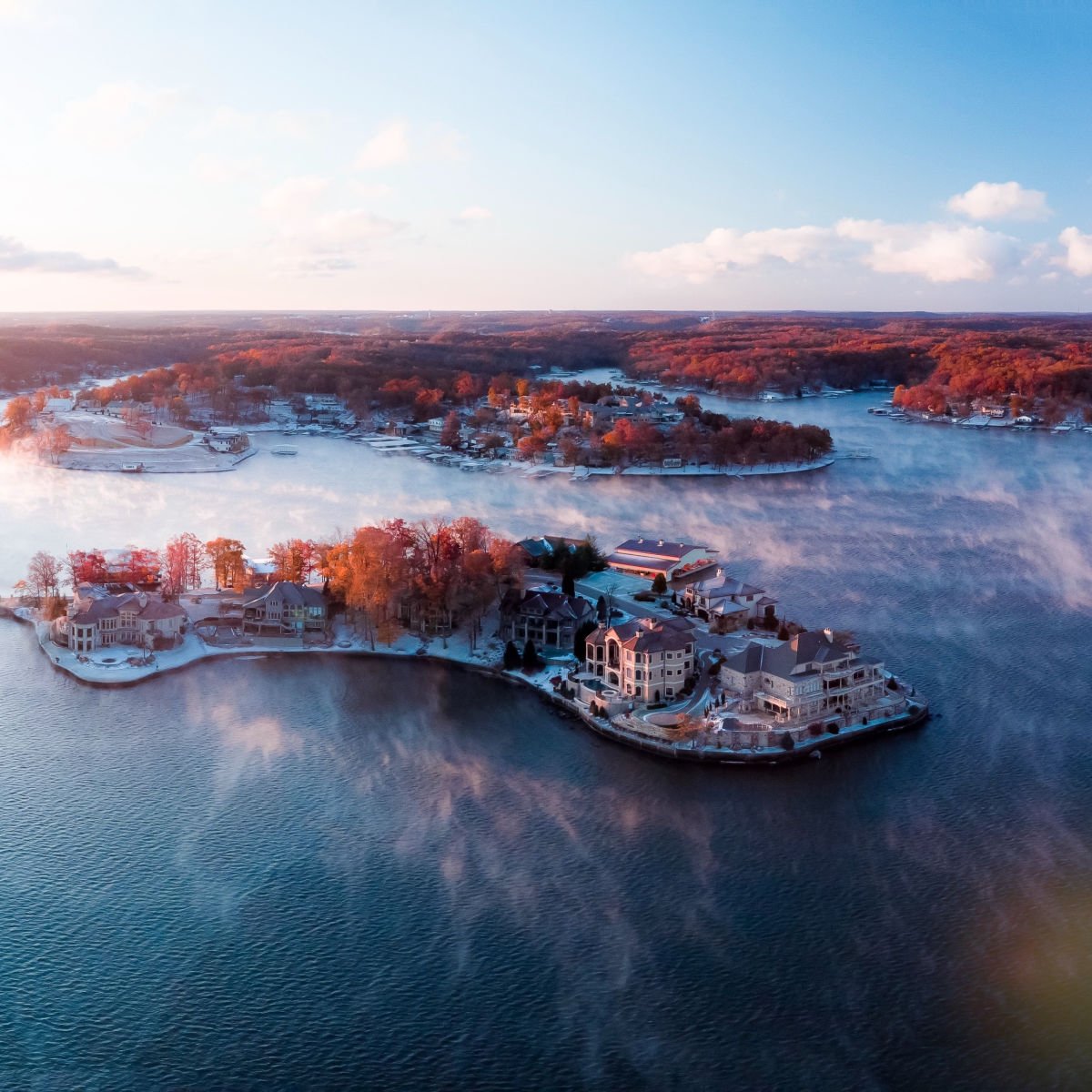 Aerial view of Lake of the Ozarks in fall