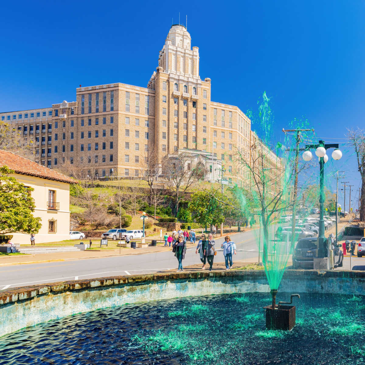 Fountain and historic buildings on nice day in Hot Springs, AR