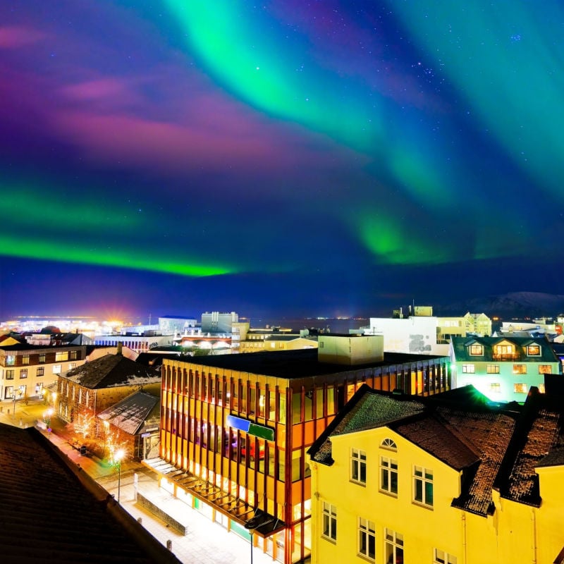 The northern lights seen above Reykjavik, Iceland