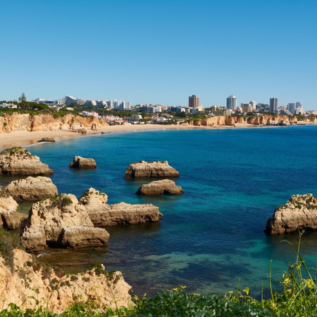 View of the coastline of Portimao and Alvor in the Algarve region, Portugal