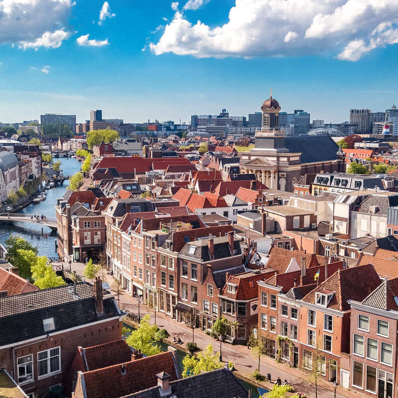 Aerial View Of The Canal Traversed Center Of Leiden, The Netherlands