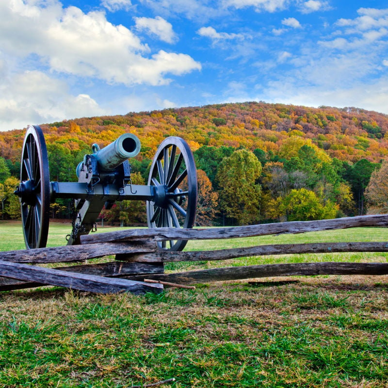 cannon overlooks Kennesaw Mountain National Battlefield Park during fall