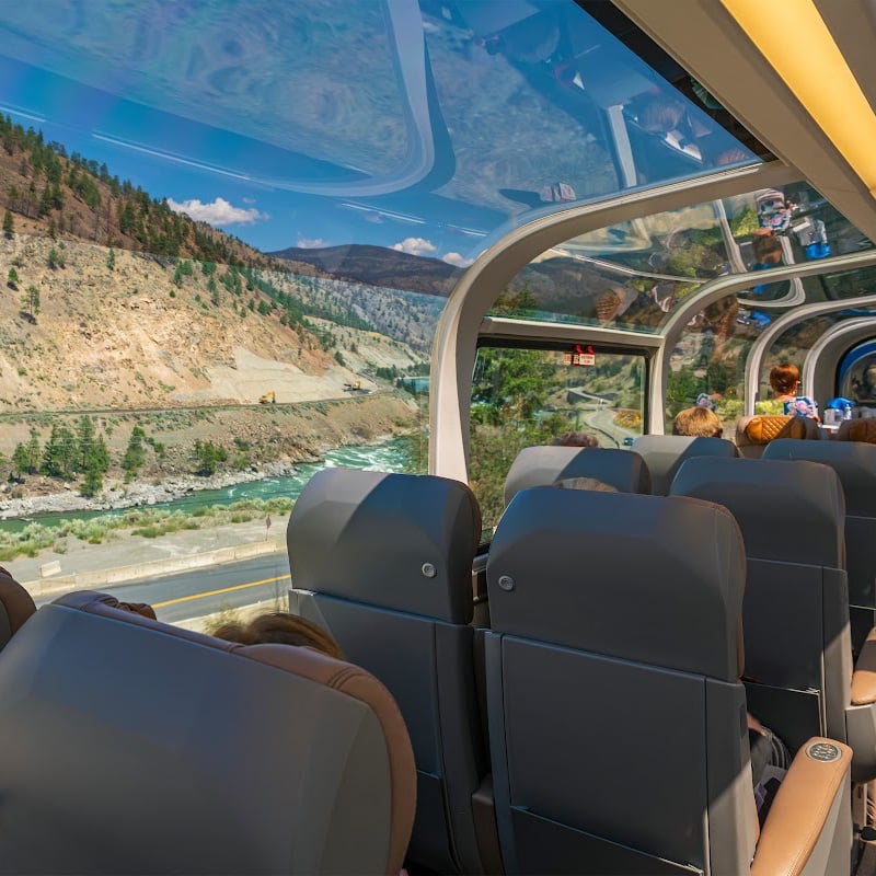 Seats inside glass domed Rocky Mountaineer train