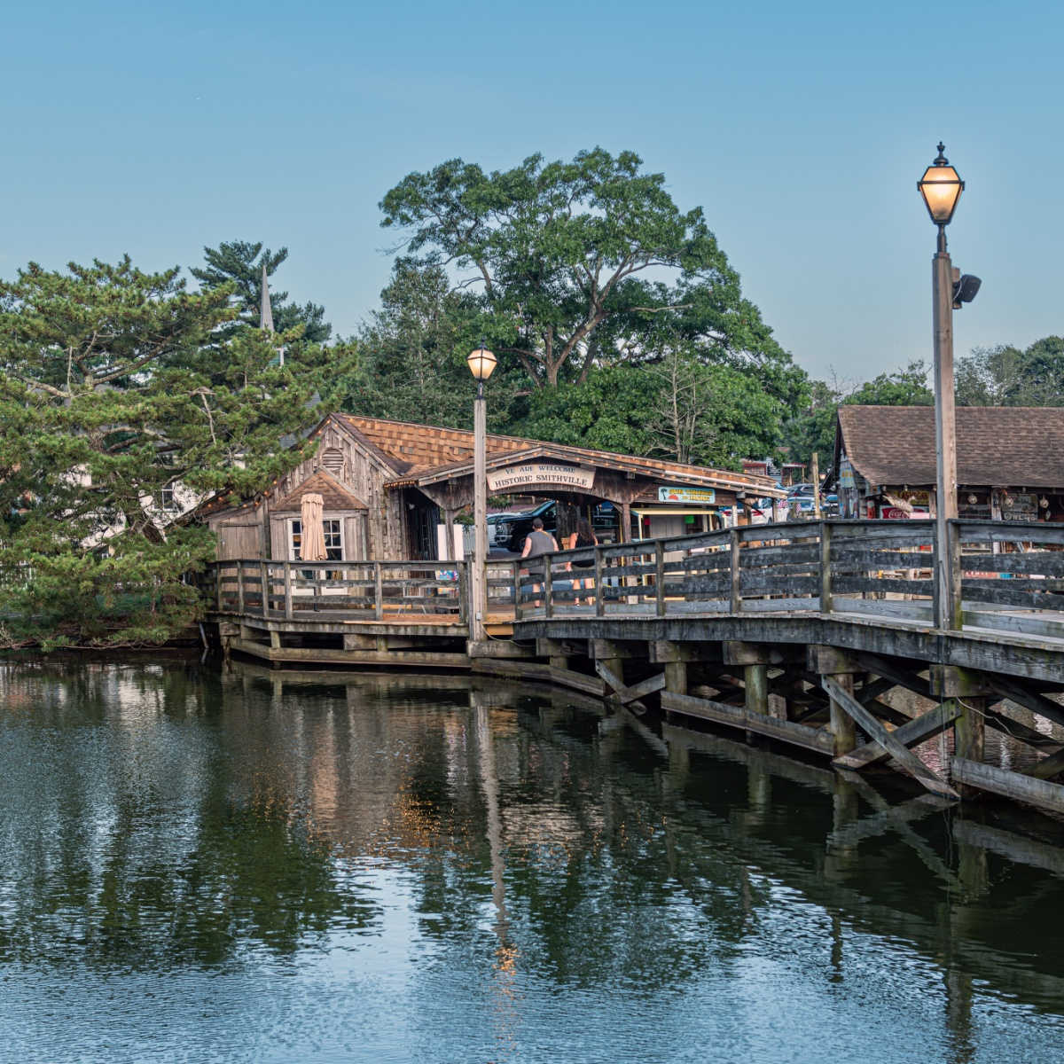 The footbridge over the lake in Historic Smithville, New Jersey.