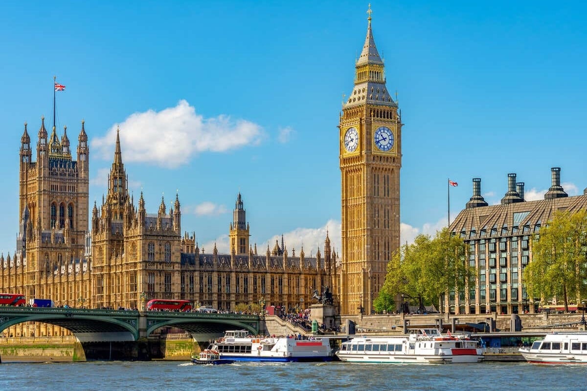 Westminster Palace And Elizabeth Tower Or Big Ben Seen From South Bank In London, England, United Kingdom