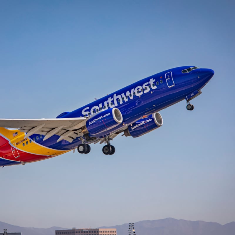 A Southwest Airlines plane taking off on the runway