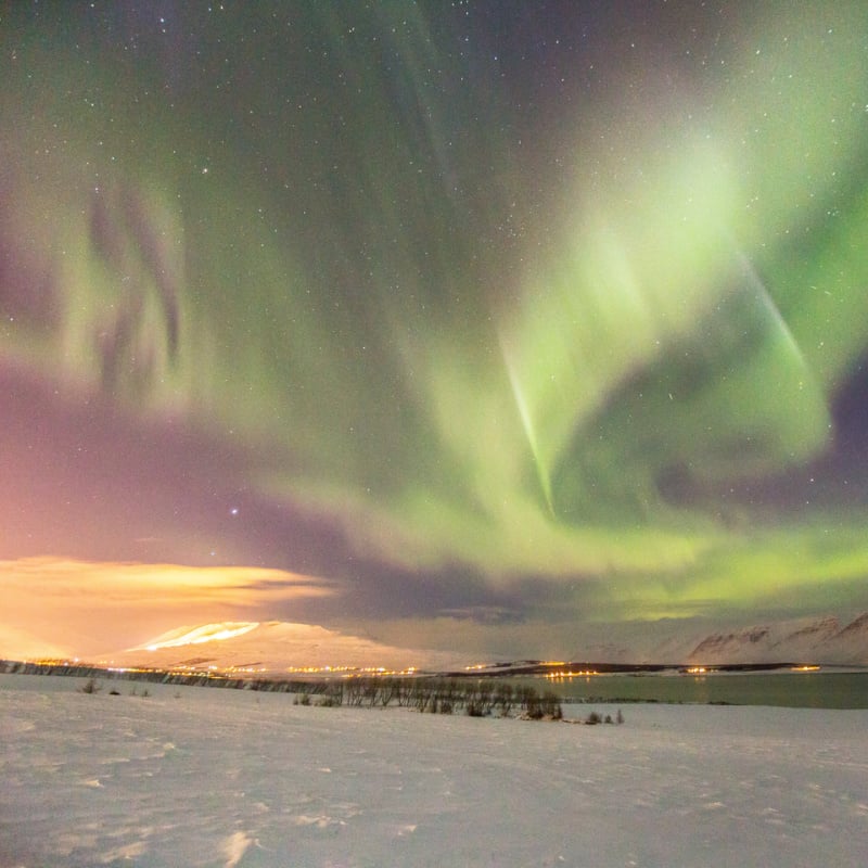 Akureyki Northern Lights over snow