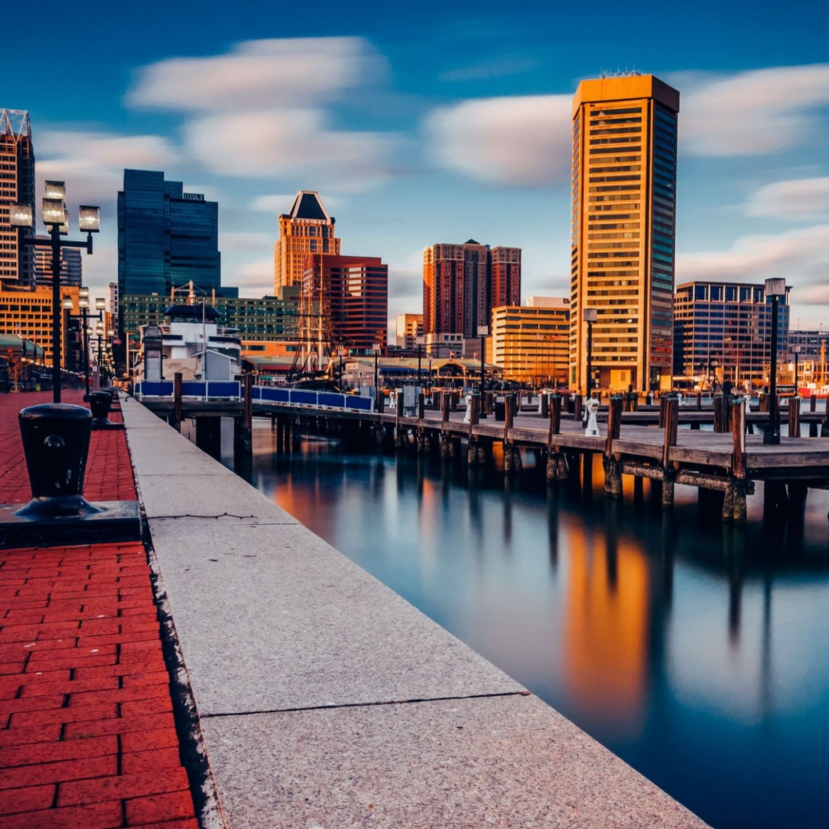 Long exposure of the Baltimore Skyline and Inner Harbor Promenade, Baltimore, Maryland