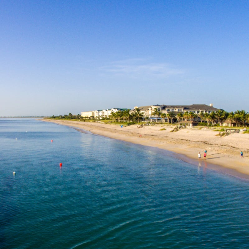 Beach hotels along calm blue waters of Vero Beach, FL