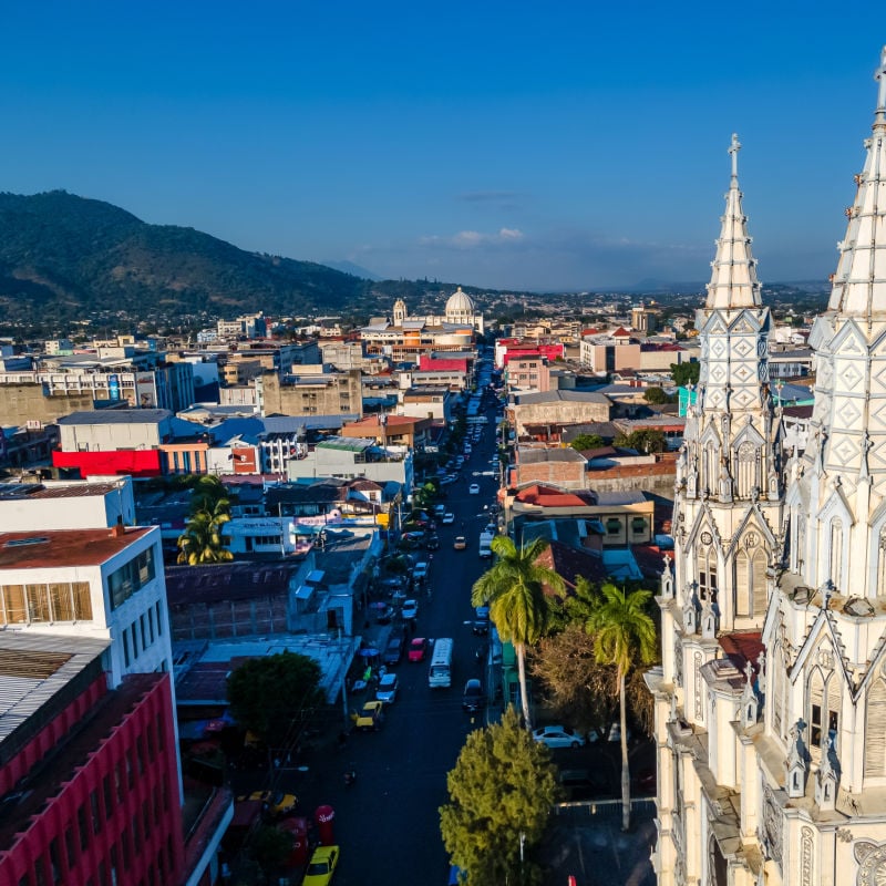 Beautiful aerial view of the City of San Salvador, capital of El Salvador - Its cathedrals and buildings