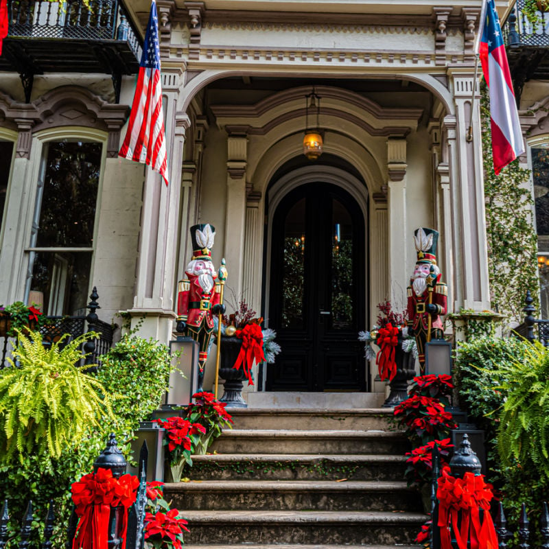 Christmas decor on historic home in Savannah