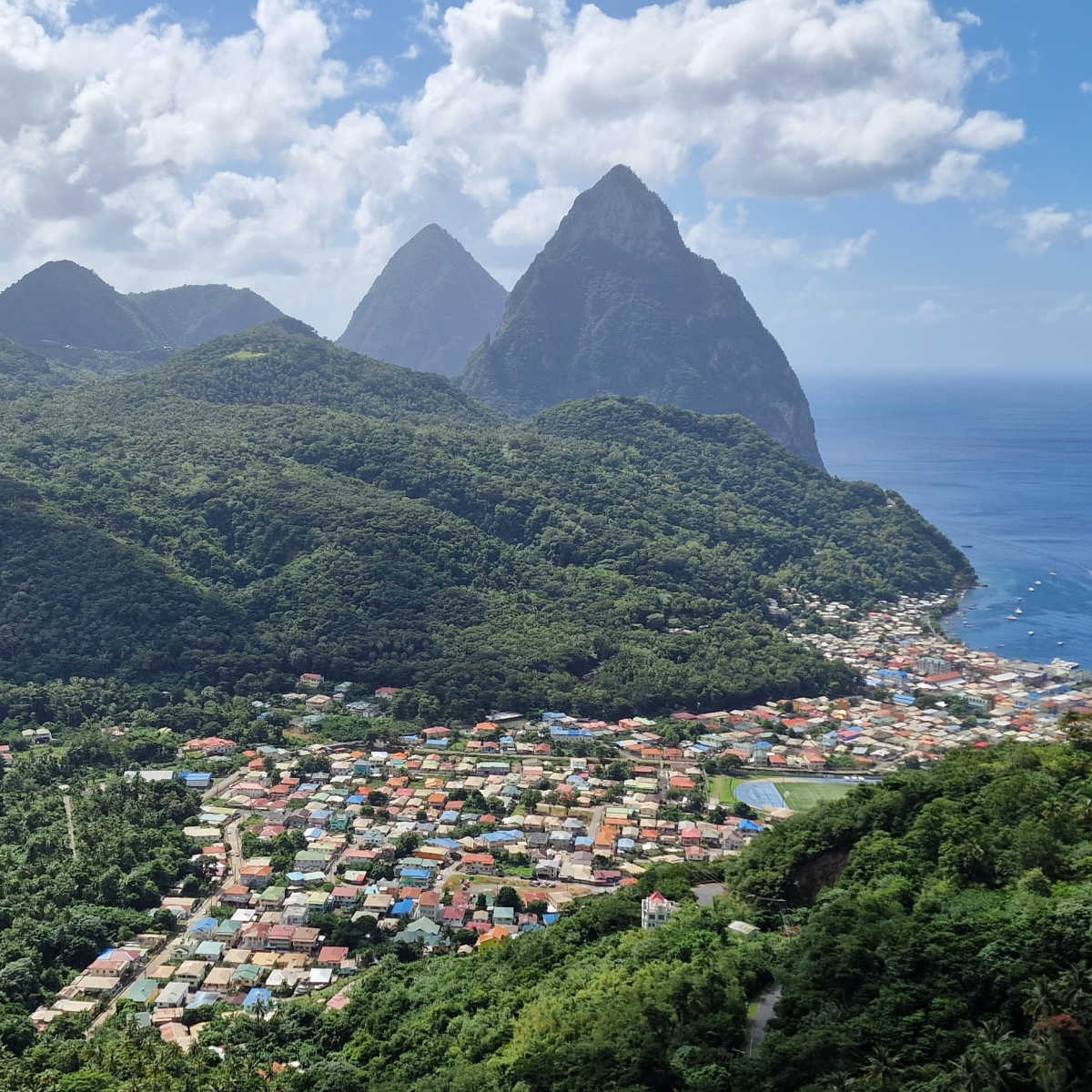 Panoramic views of St. Lucia Pitons and town