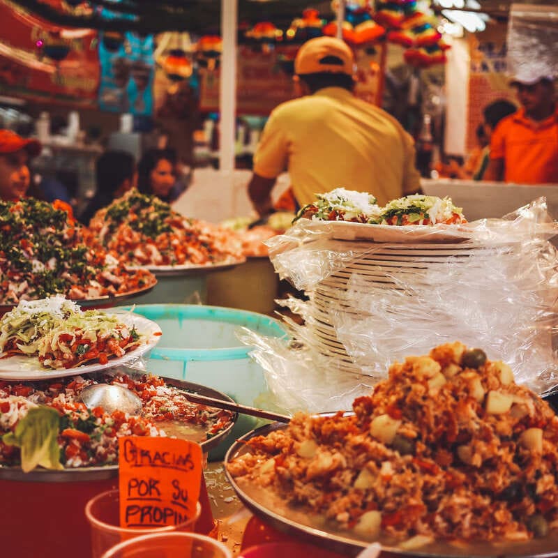 Street Food Served In A Street Market In Mexico, Latin America