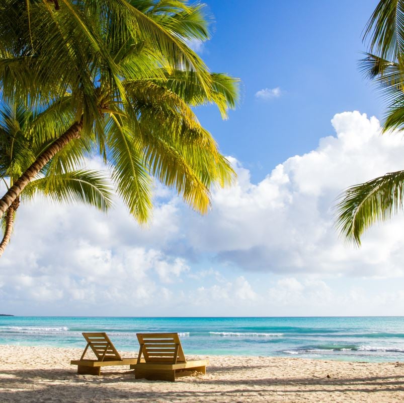 Two beach chairs on the beach in the dominican republic with palm trees and ocean