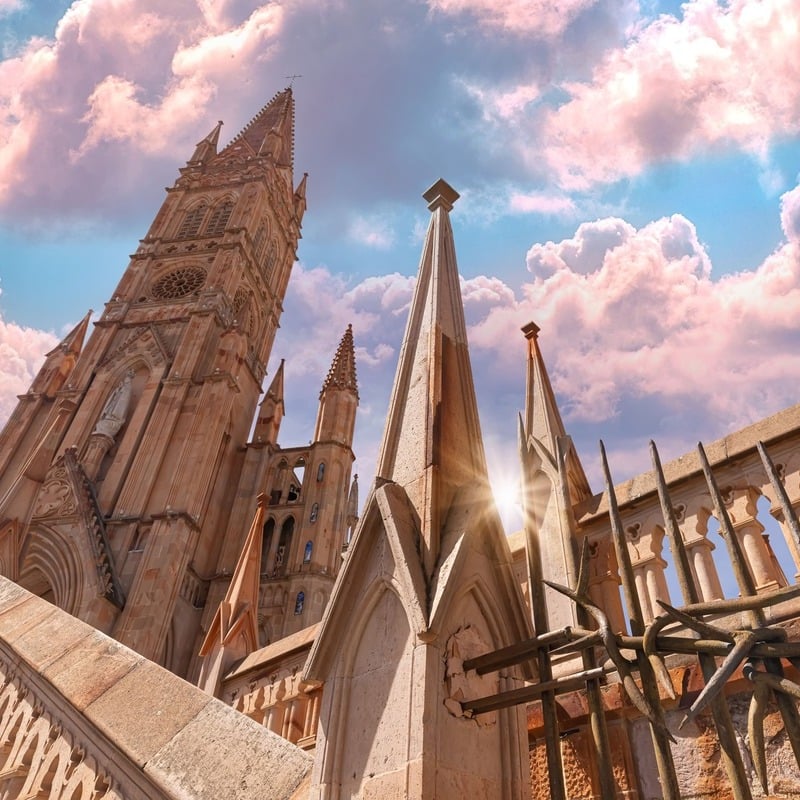 Wide Angle Ground View Of Zacatecas Catholic Cathedral, Mexico, Latin America