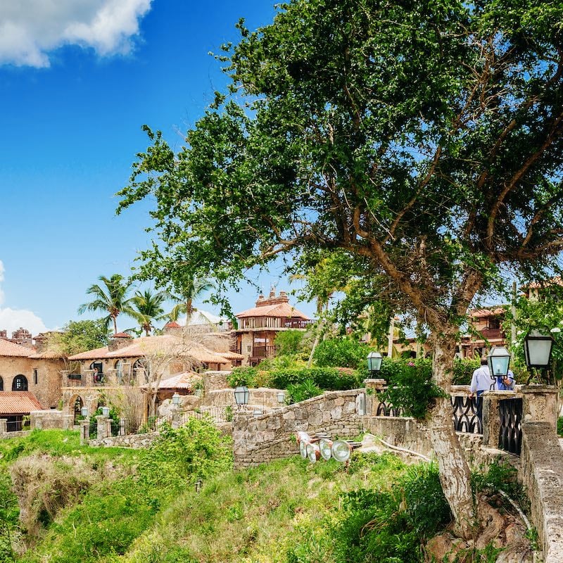 Tropical river Chavon in Dominican Republic. Vocation and travel. Ancient village Altos de Chavon - Colonial town reconstructed in Casa de Campo, La Romana, Dominican Republic.