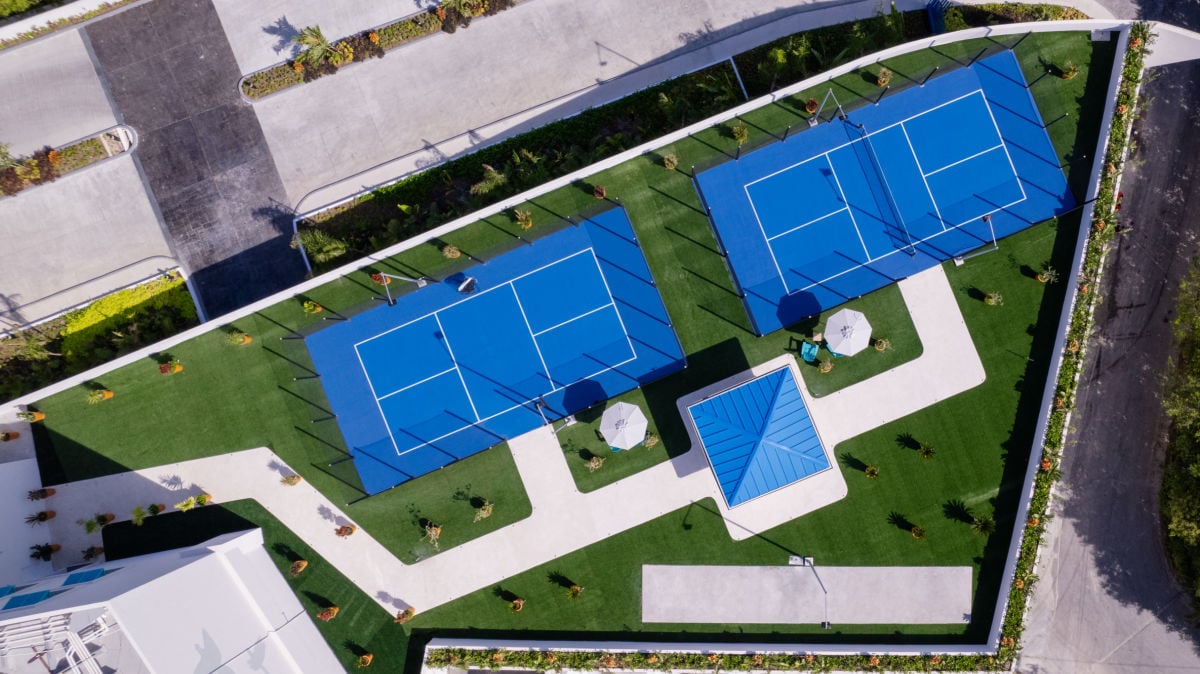 Aerial view of Pickleball courts at Margaritaville Riviera Maya Resort in Mexico