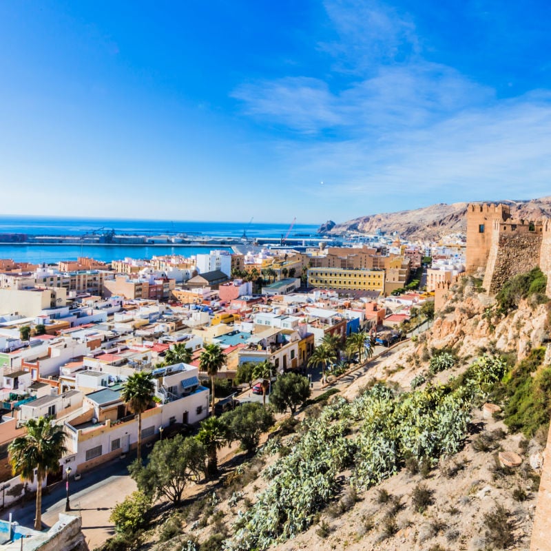 High angle view of townscape the city of Almería, Spain