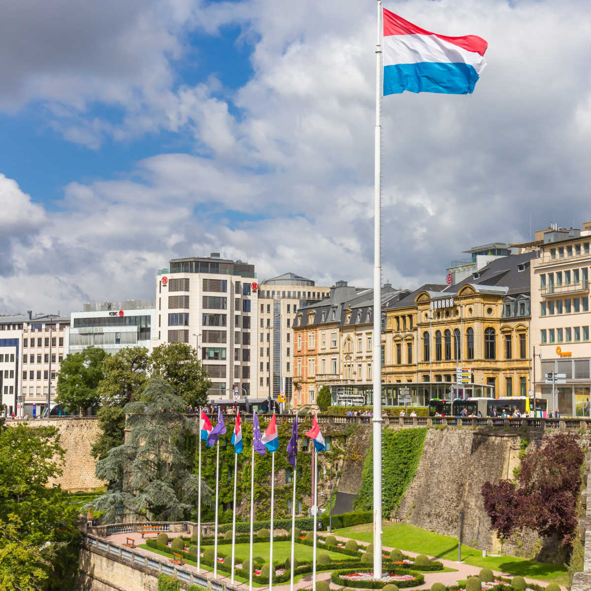 Luxembourg flag flying high over Luxembourg City