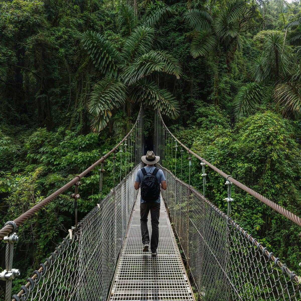 Tourist Walking A Suspended Bridge Through A Cloud Forest In Costa Rica, Central America