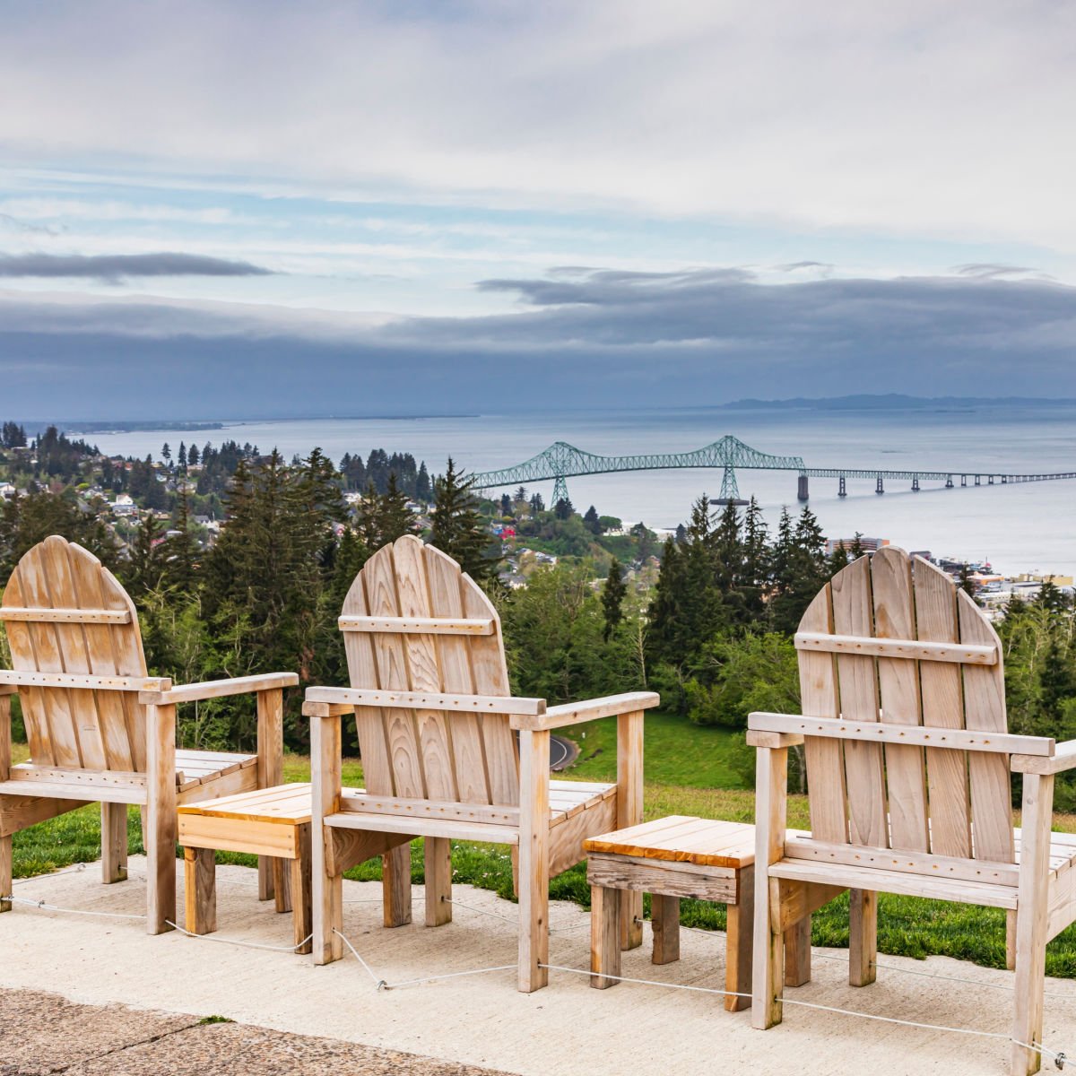 3 chairs overlooking Astoria's Oregon's astounding scenery