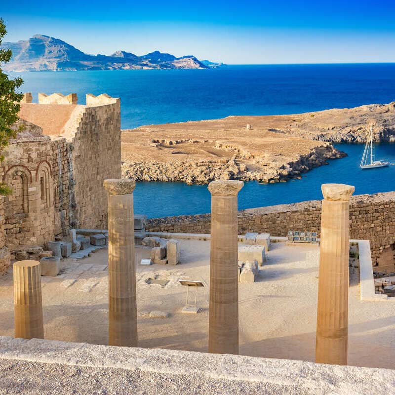 Ancient Temples In Lindos Acropolis In Rhodes, Greece