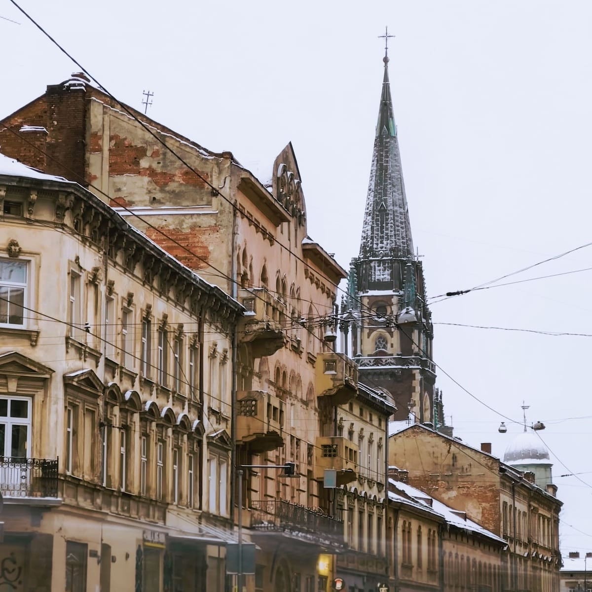 Church Spire Above The Old Town In Lviv, Ukraine